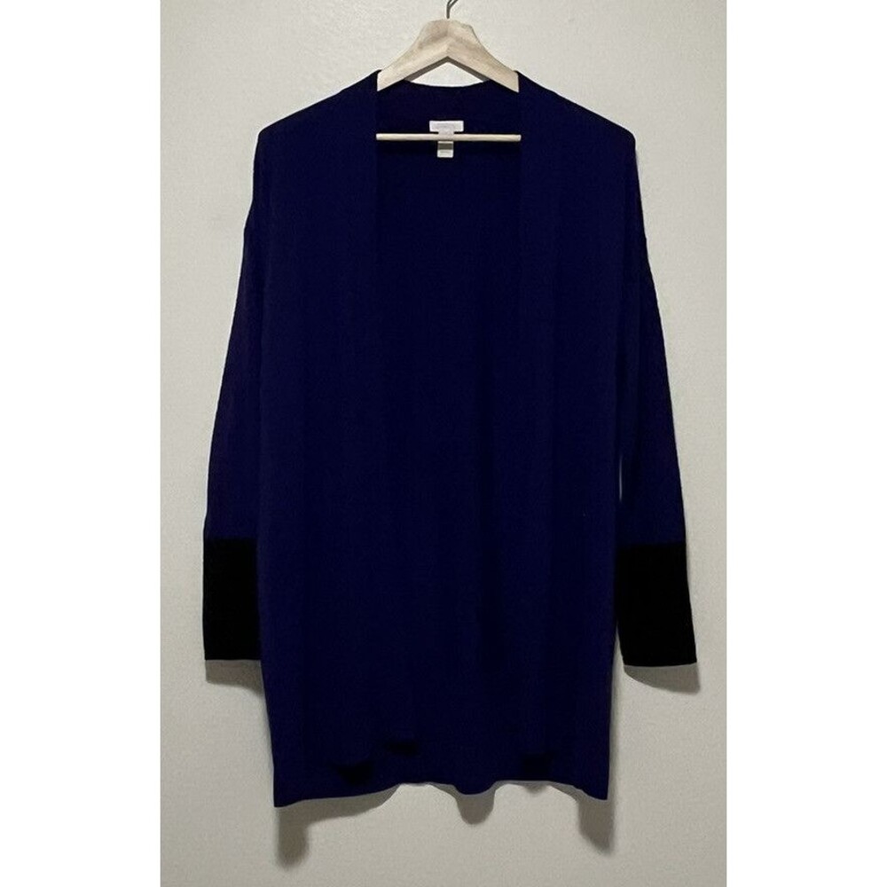 Chicos Open Cardigan Size 2 Large Purple Black Cuff  Classic Workwear Casual